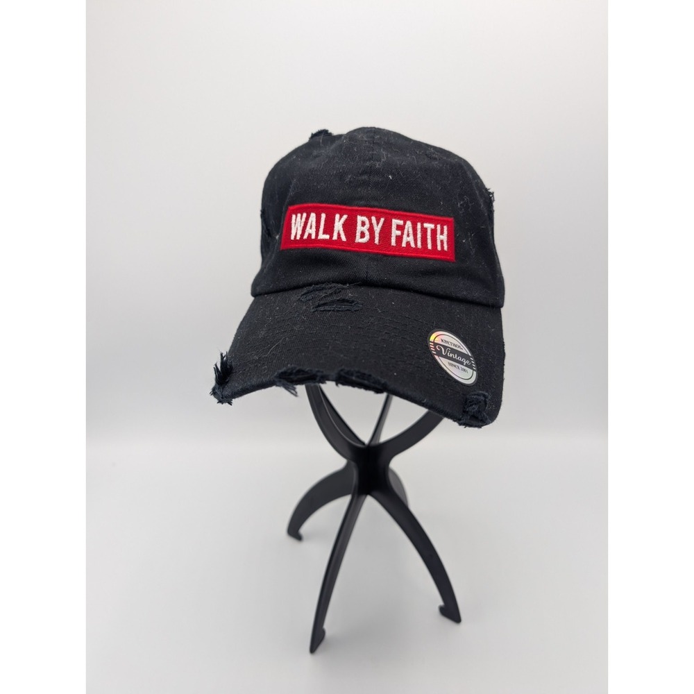 Walk By Faith Adult Dad Hat, Distressed Black‎ Red Christian Strapback